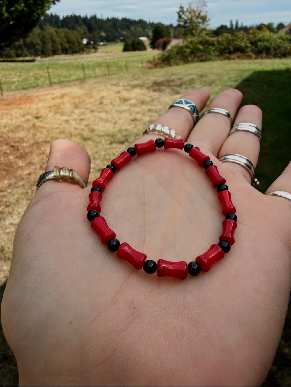 Stretchy Red Coral & Onyx Bracelet - Classic Elastic Style